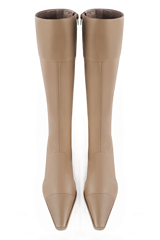 Tan beige women's riding knee-high boots. Tapered toe. Low leather soles. Made to measure. Top view - Florence KOOIJMAN